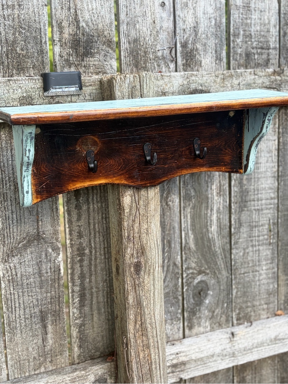 Handcrafted Rustic Reclaimed Heartwood Pine Wall Shelf with Hooks Distressed - Picture 2 of 8